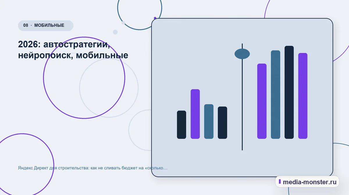 Сравнение вариантов. 2026: автостратегии, нейропоиск, мобильные: иллюстрация к статье «Яндекс Директ для строительства: как не сливать бюджет на «сколько стоит построить дом»»