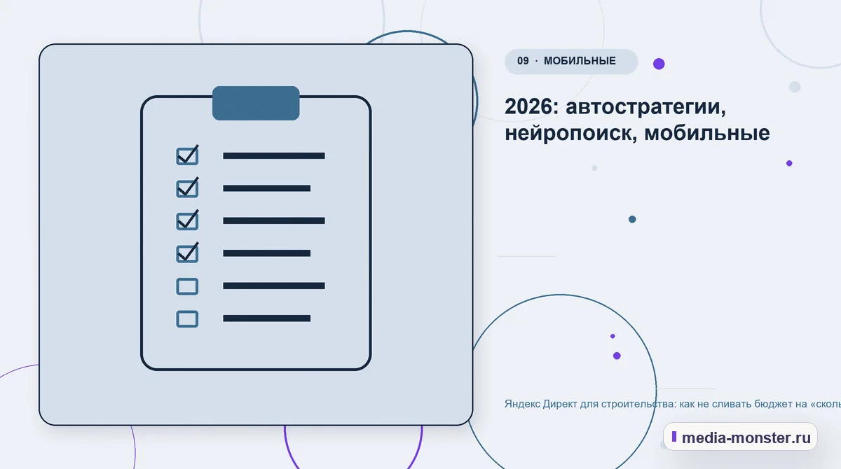 Контрольные показатели. 2026: автостратегии, нейропоиск, мобильные: иллюстрация к статье «Яндекс Директ для строительства: как не сливать бюджет на «сколько стоит построить дом»»