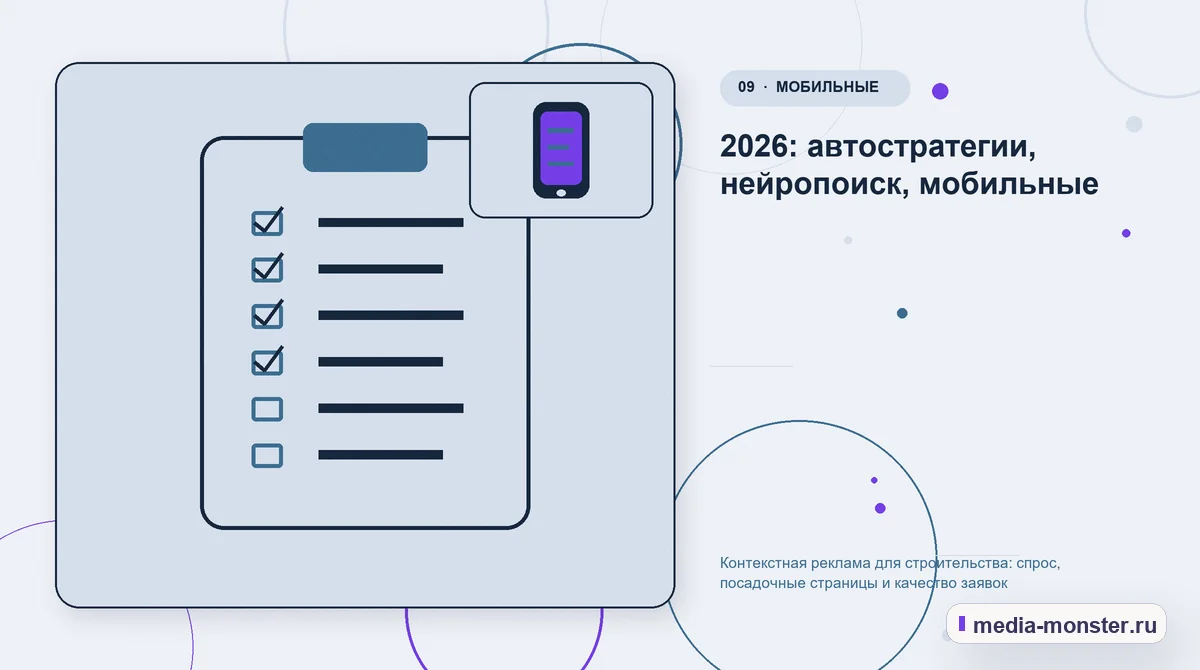 Изображение 9: Контрольные показатели — Контекстная реклама для строительства: спрос, посадочные страницы и качество заявок | Media Monster Контрольные показатели. 2026: автостратегии, нейропоиск, мобильные: иллюстрация к статье «Контекстная реклама для строительства: спрос, посадочные страницы и качество заявок»