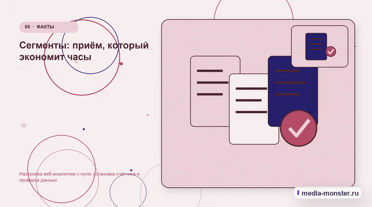Изображение 5: Данные и доказательства — Настройка веб-аналитики с нуля: установка счётчика и проверка данных | Media Monster Данные и доказательства. Сегменты: приём, который экономит часы: иллюстрация к статье «Настройка веб-аналитики с нуля: установка счётчика и проверка данных»