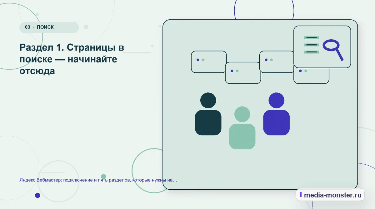 Изображение 3: Аудитория и сценарий выбора — Яндекс Вебмастер: подключение и пять разделов, которые нужны на практике | Media Monster Аудитория и сценарий выбора. Раздел 1. Страницы в поиске — начинайте отсюда: иллюстрация к статье «Яндекс Вебмастер: подключение и пять разделов, которые нужны на практике»