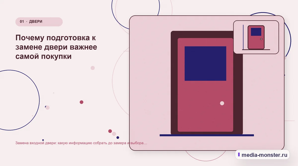 Изображение 1: Ключевая тема материала — Замена входной двери: какую информацию собрать до замера и выбора комплекта | Media Monster Ключевая тема материала. Почему подготовка к замене двери важнее самой покупки: иллюстрация к статье «Замена входной двери: какую информацию собрать до замера и выбора комплекта»